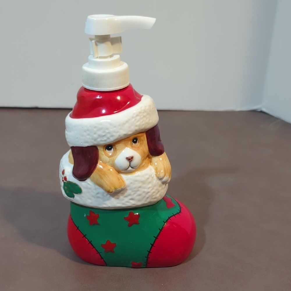 Allure Lotion Soap Dispenser Puppy Dog in a Stocking 1997 Vintage New